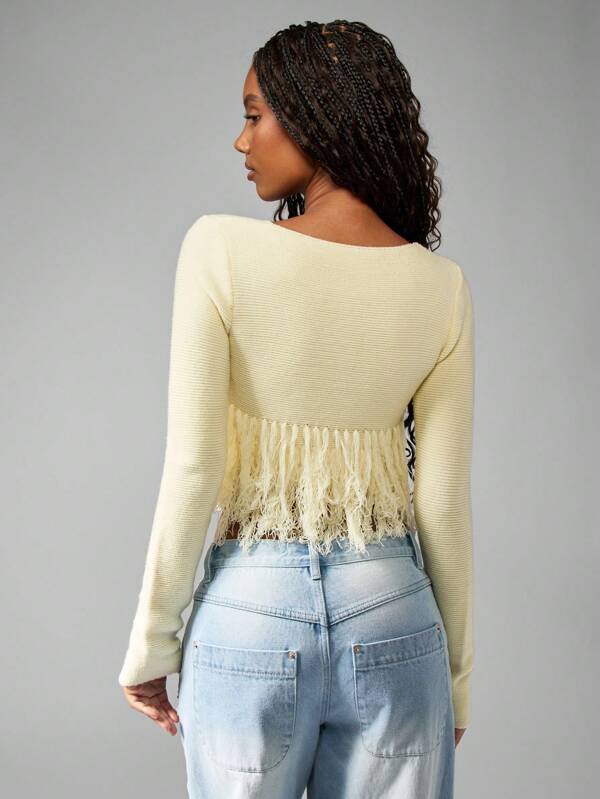 Missguided MISSGUIDED Fringe Detail Boho Chic Knitted Button Front Cardigan