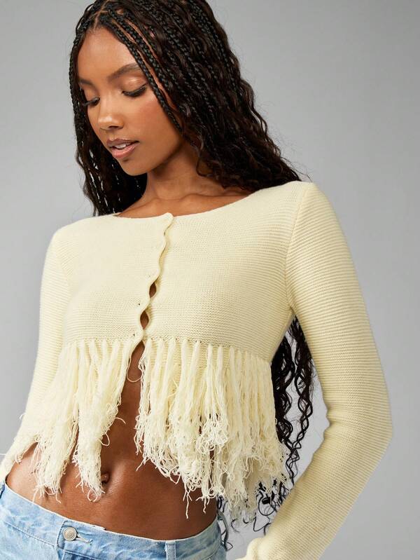 Missguided MISSGUIDED Fringe Detail Boho Chic Knitted Button Front Cardigan