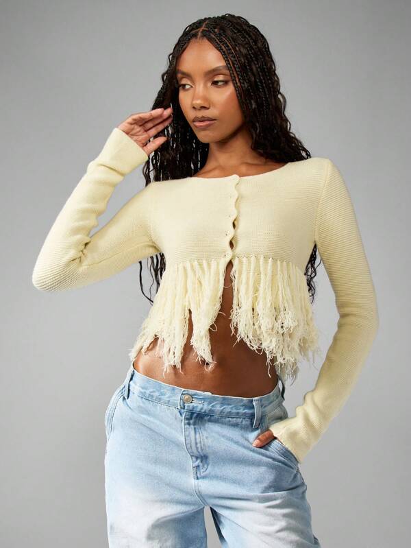 missguided MISSGUIDED Fringe Detail Boho Chic Knitted Button Front Cardigan