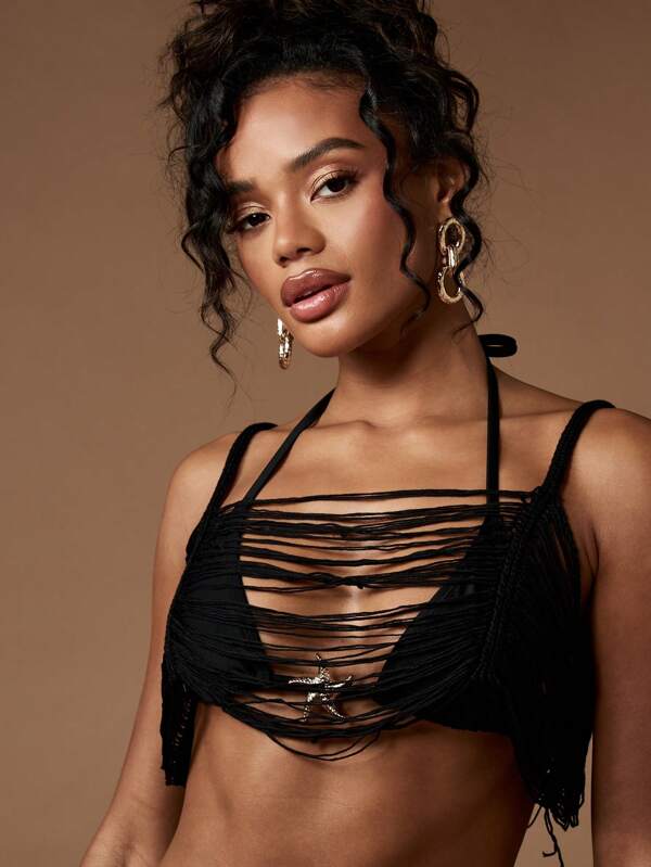 Missguided MISSGUIDED Fringe Detail Mini Shorts Crop Top Two Piece Set