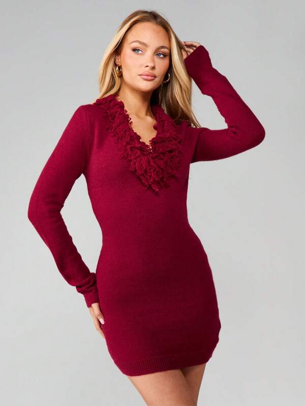 Missguided MISSGUIDED Fringe Detail Plunge Neck Sweater Dress