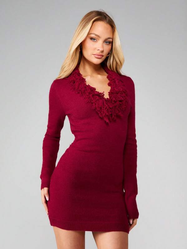 missguided MISSGUIDED Fringe Detail Plunge Neck Sweater Dress