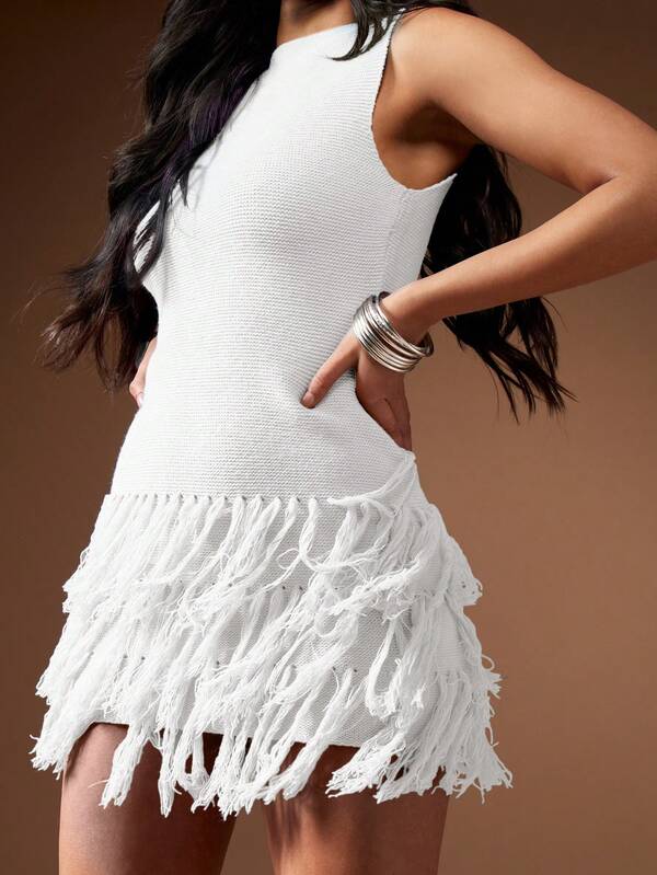 Missguided MISSGUIDED Fringe Detailed Hem Sleeveless Mini Dress Cute Sundress