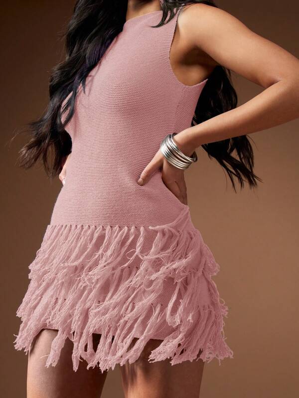 Missguided MISSGUIDED Fringe Detailed Hem Sleeveless Mini Dress Cute Sundress