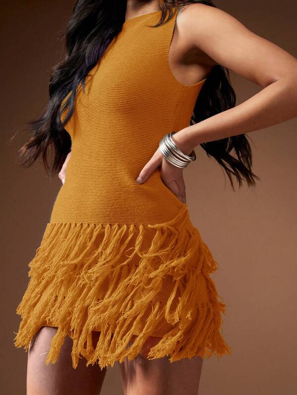 Missguided MISSGUIDED Fringe Detailed Hem Sleeveless Mini Dress Cute Sundress