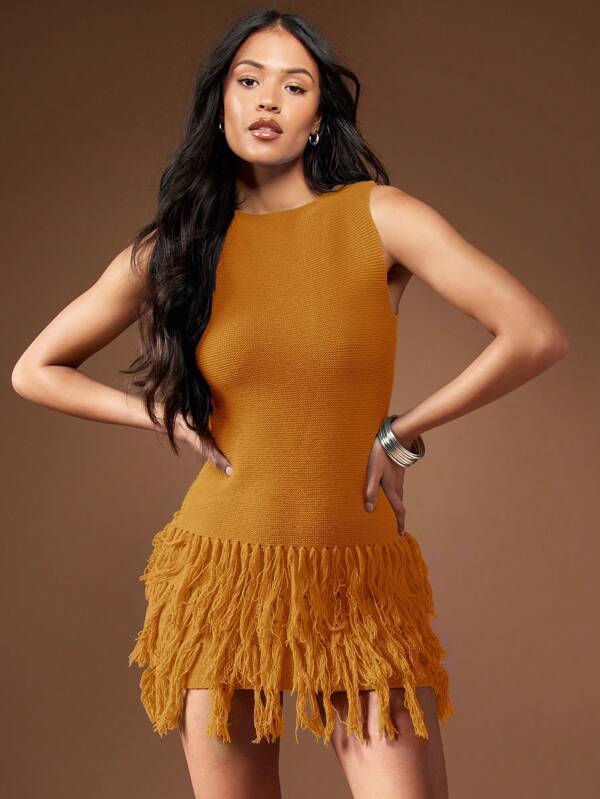 missguided MISSGUIDED Fringe Detailed Hem Sleeveless Mini Dress Cute Sundress