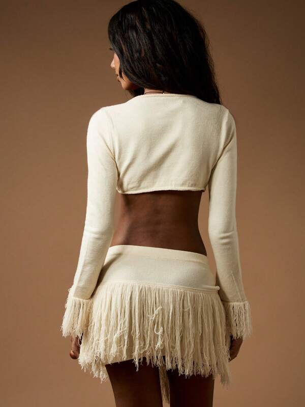 Missguided MISSGUIDED Fringe Knit Crop Top And Mini Skirt Co Ord