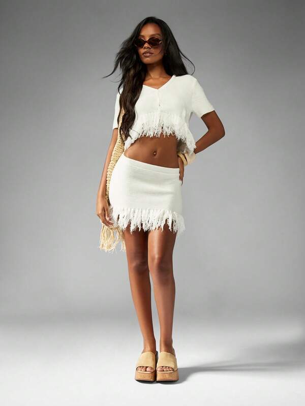 Missguided MISSGUIDED Fringed Knit Crop Top And Mini Skirt Set