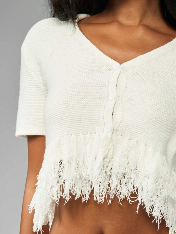 Missguided MISSGUIDED Fringed Knit Crop Top And Mini Skirt Set