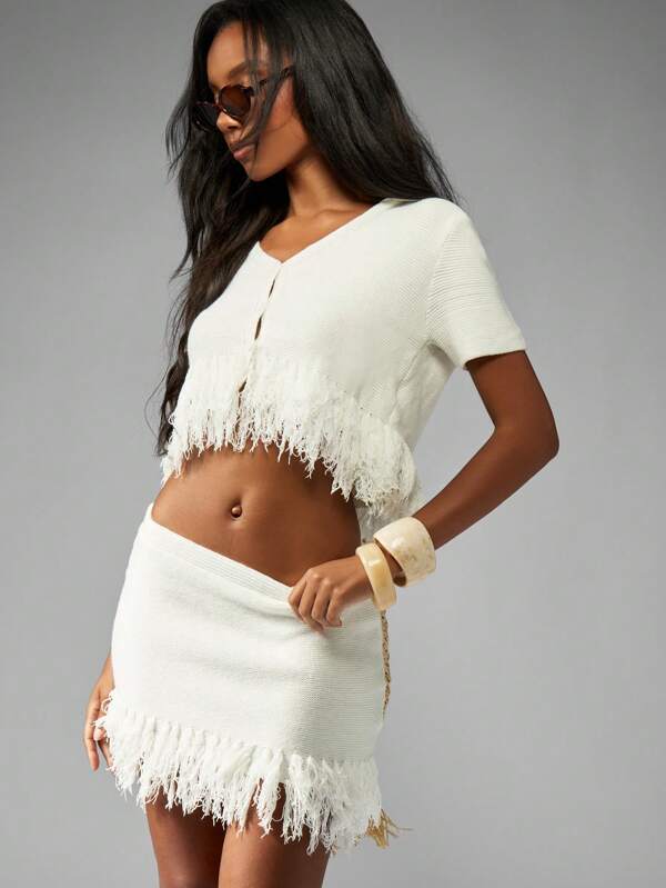 missguided MISSGUIDED Fringed Knit Crop Top And Mini Skirt Set