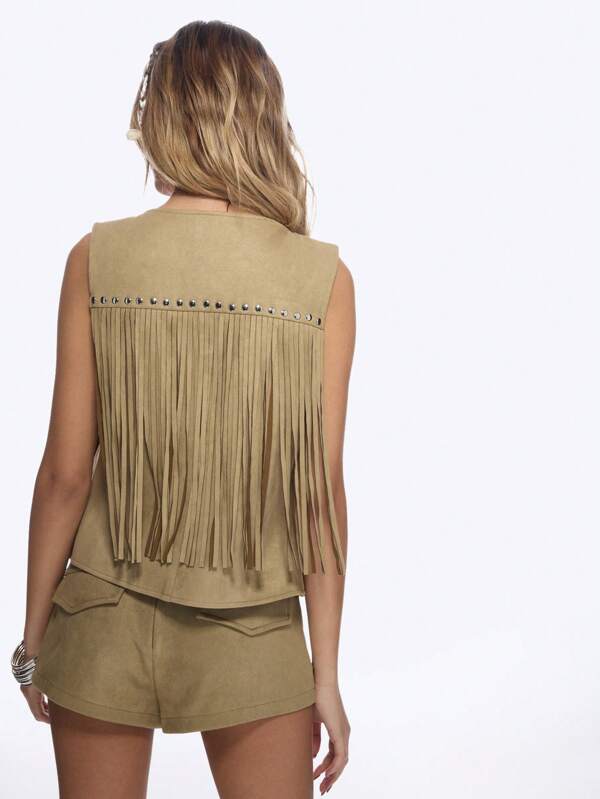 Missguided MISSGUIDED Fringed Suede Sleeveless Vest With Studded Details