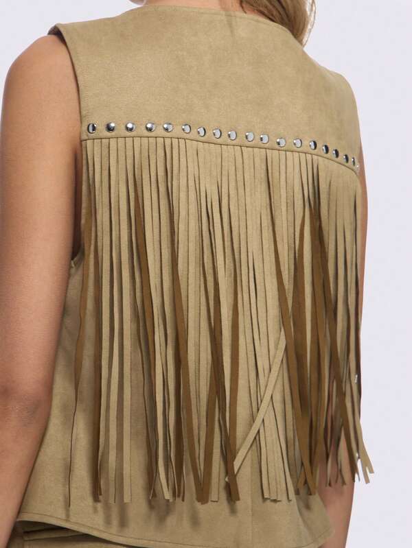 Missguided MISSGUIDED Fringed Suede Sleeveless Vest With Studded Details
