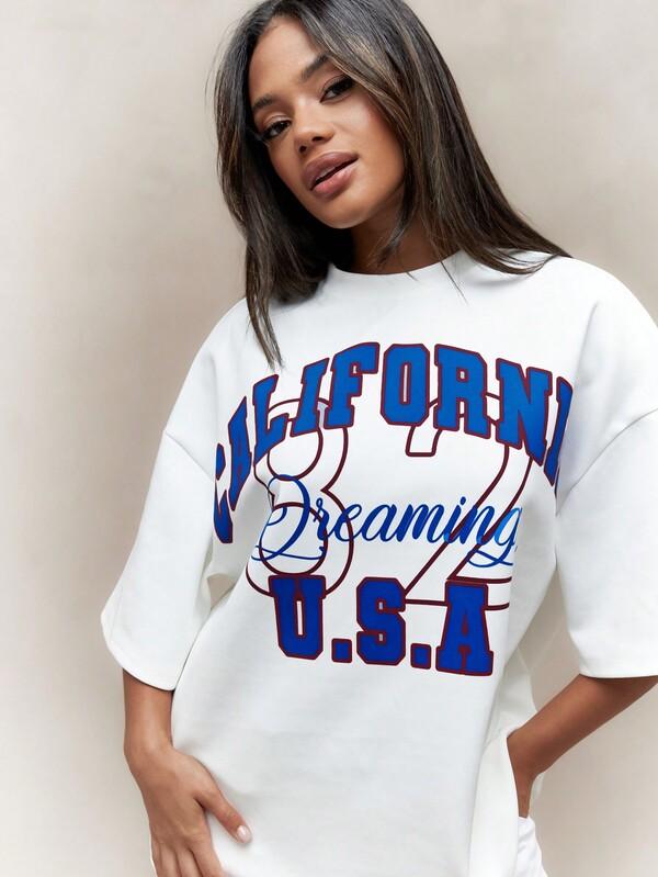 Missguided MISSGUIDED Front "California" Print Drop Shoulder Oversized T-Shirt