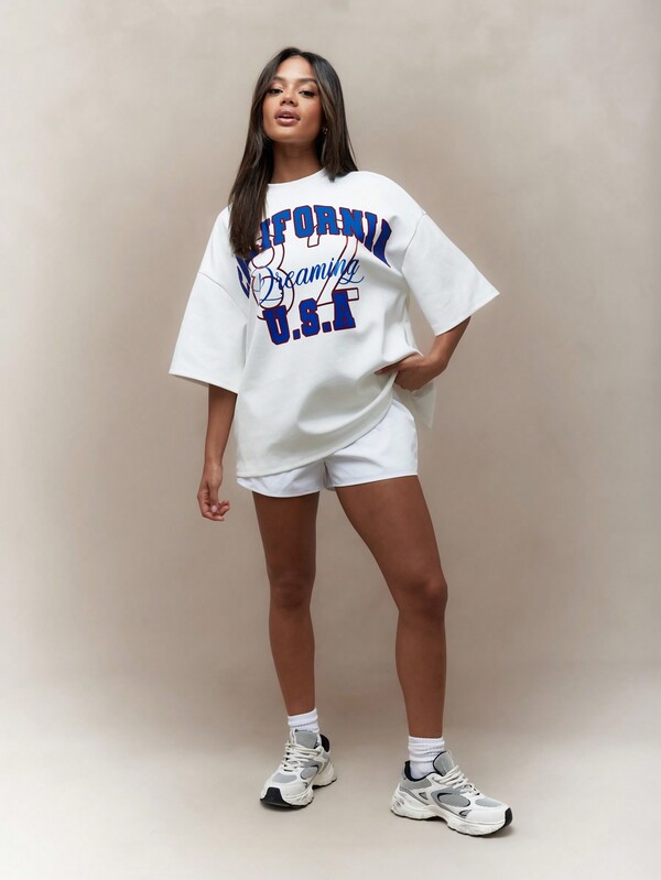 Missguided MISSGUIDED Front "California" Print Drop Shoulder Oversized T-Shirt