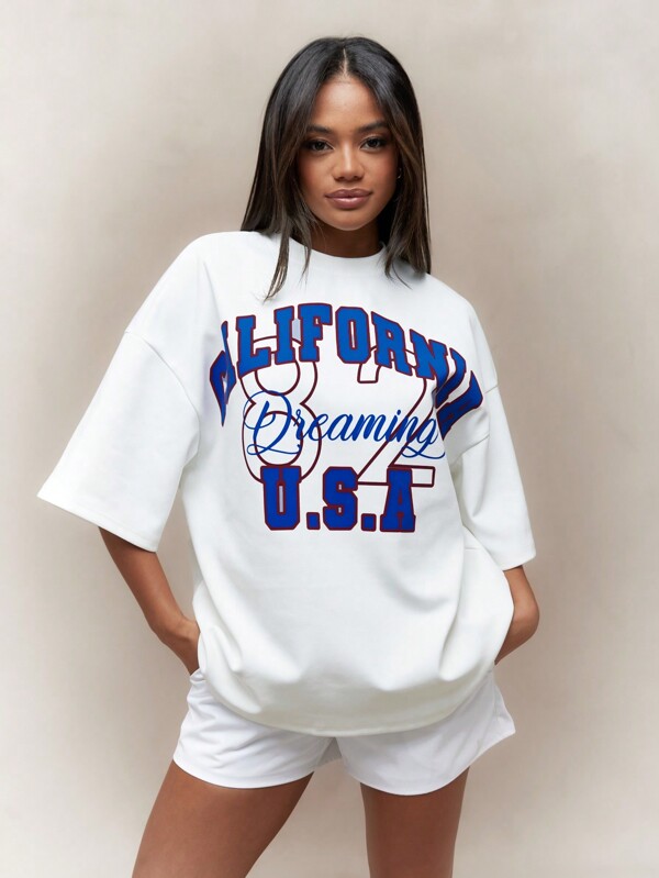 missguided MISSGUIDED Front "California" Print Drop Shoulder Oversized T-Shirt