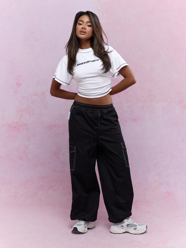 Missguided MISSGUIDED Front Print Fitted Ruched Waist Dolman Sleeves T-Shirt