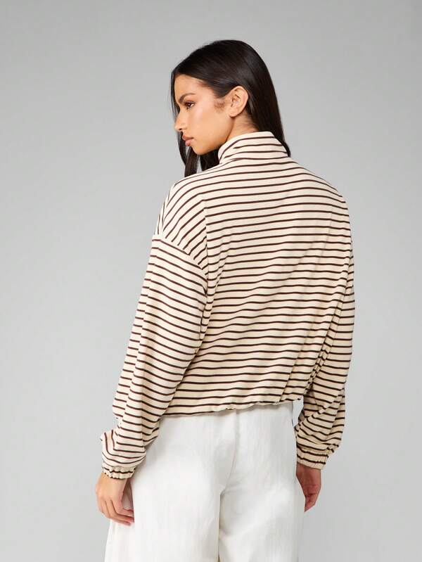 Missguided MISSGUIDED Full Zip Mock Neck Striped Fleece Sweatshirt With Elastic Cuffs