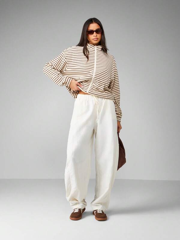 Missguided MISSGUIDED Full Zip Mock Neck Striped Fleece Sweatshirt With Elastic Cuffs