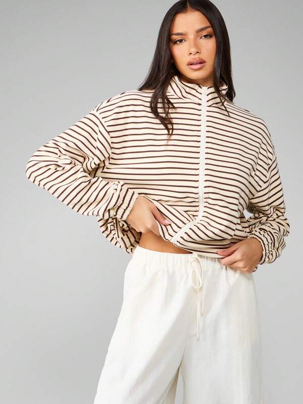 Missguided MISSGUIDED Full Zip Mock Neck Striped Fleece Sweatshirt With Elastic Cuffs