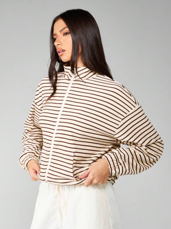 missguided MISSGUIDED Full Zip Mock Neck Striped Fleece Sweatshirt With Elastic Cuffs