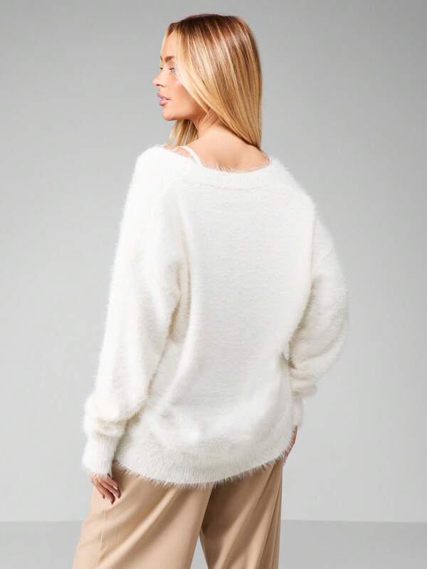 Missguided MISSGUIDED Fuzzy Button Front Cardigan With V Neck