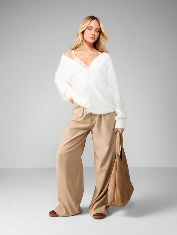 Missguided MISSGUIDED Fuzzy Button Front Cardigan With V Neck