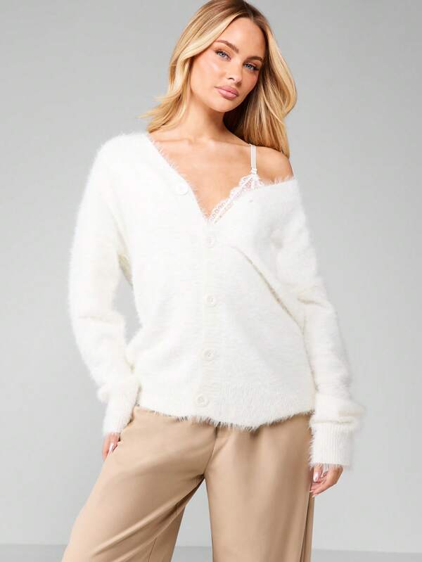 missguided MISSGUIDED Fuzzy Button Front Cardigan With V Neck