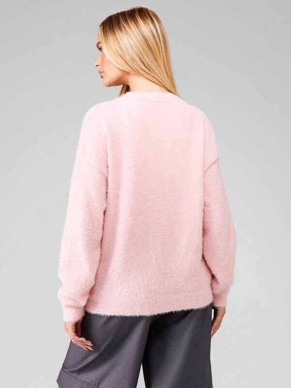 Missguided MISSGUIDED Fuzzy Button Front V-Neck Cardigan