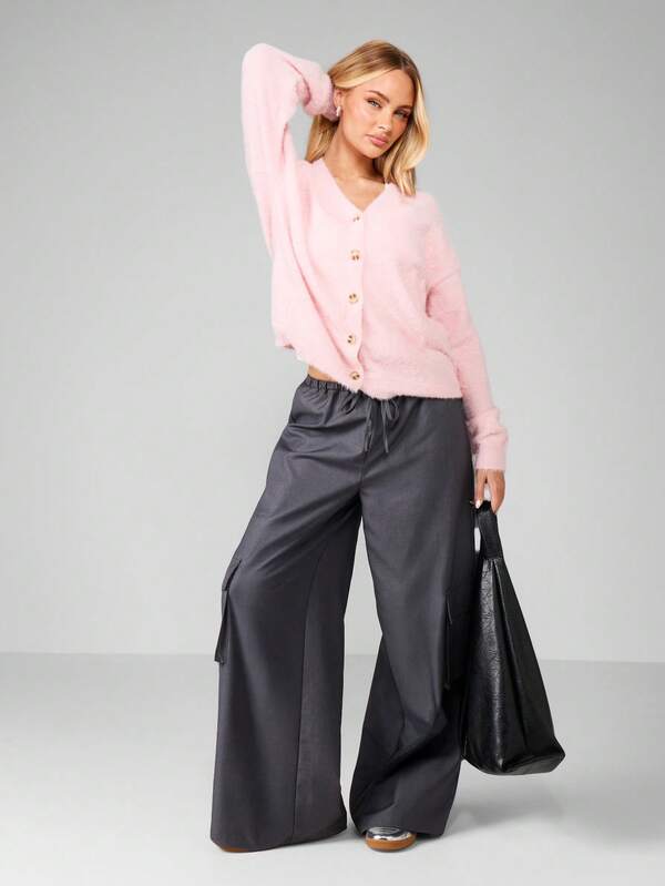 Missguided MISSGUIDED Fuzzy Button Front V-Neck Cardigan