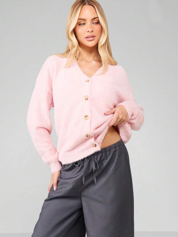 Missguided MISSGUIDED Fuzzy Button Front V-Neck Cardigan