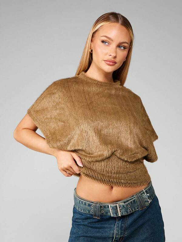 missguided MISSGUIDED Fuzzy Crop Sweater With Cinched Waist And Mock Neck