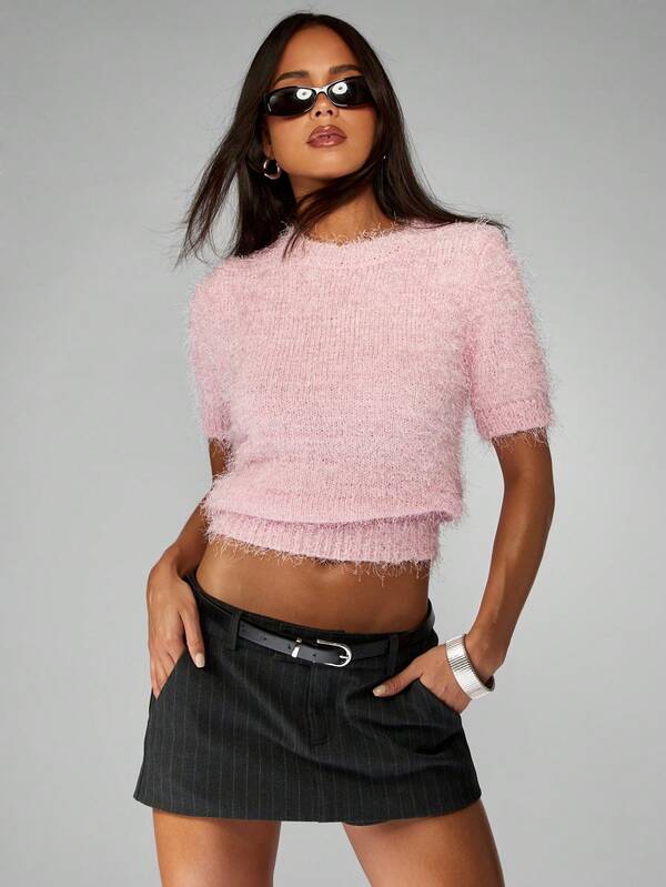 Missguided MISSGUIDED Fuzzy Eyelash Knit Cropped Sweater With Short Sleeves