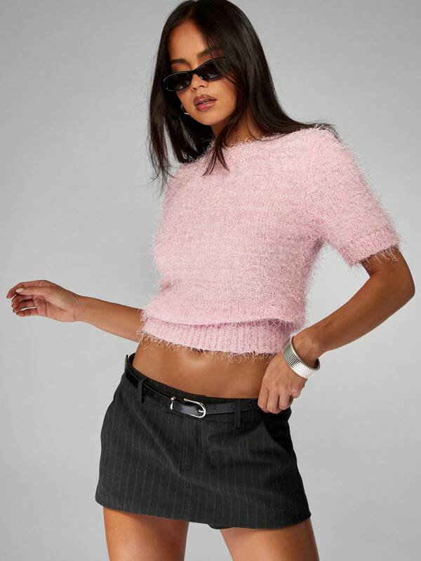 Missguided MISSGUIDED Fuzzy Eyelash Knit Cropped Sweater With Short Sleeves