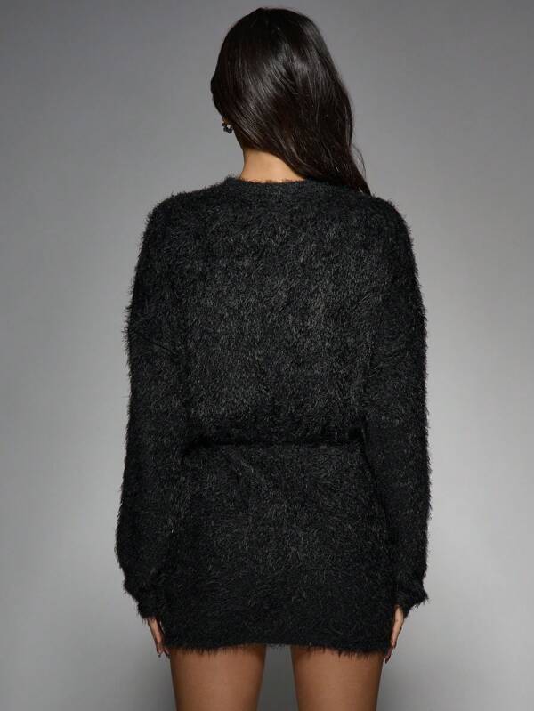 Missguided MISSGUIDED Fuzzy Knit Batwing Sleeve Mini Dress With Studded Belt