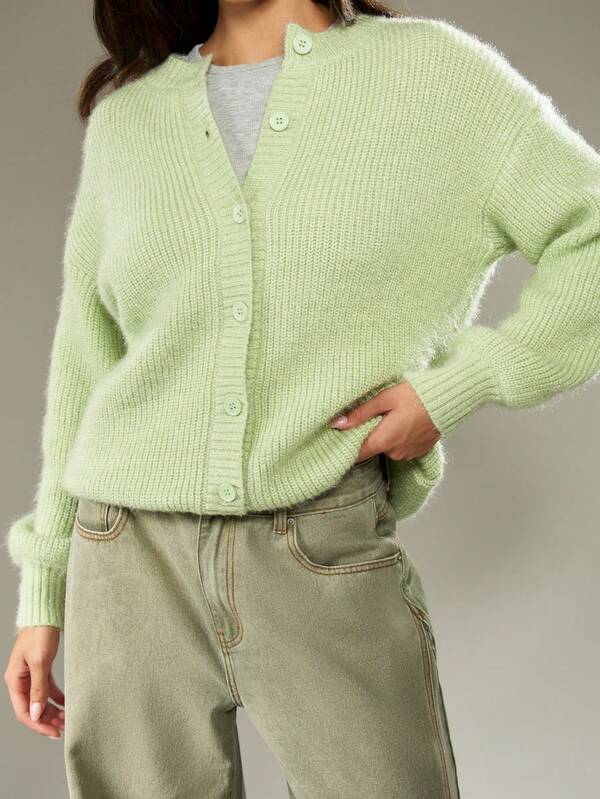 Missguided MISSGUIDED Fuzzy Knit Button Up Cardigan With Ribbed Trim