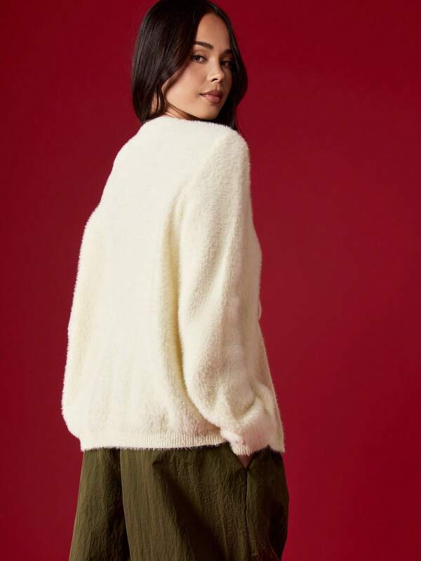 Missguided MISSGUIDED Fuzzy Knit Cardigan With Front Tie And Balloon Sleeves