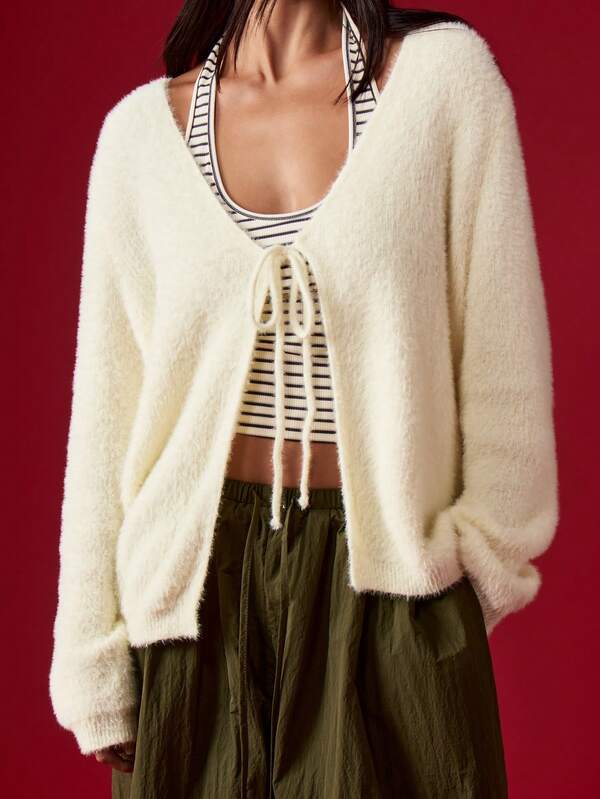 Missguided MISSGUIDED Fuzzy Knit Cardigan With Front Tie And Balloon Sleeves