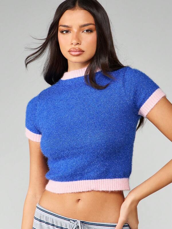 Missguided MISSGUIDED Fuzzy Knit Crop Sweater With Contrast Trim