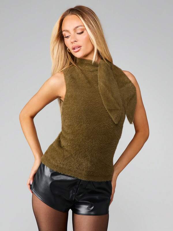Missguided MISSGUIDED Fuzzy Knit Tank With Scarf Neckline