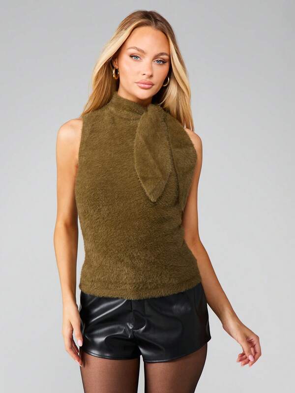 missguided MISSGUIDED Fuzzy Knit Tank With Scarf Neckline