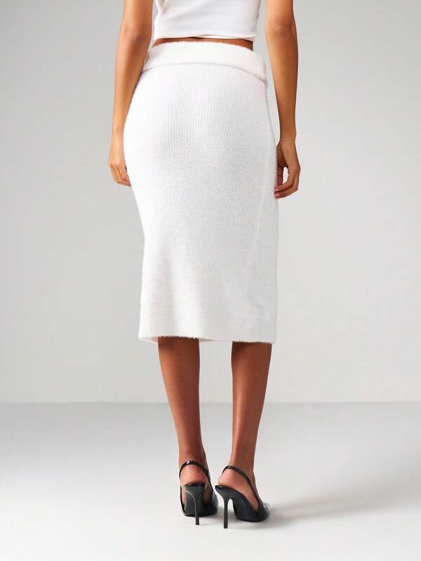 Missguided MISSGUIDED Fuzzy Ribbed Knit Midi Pencil Skirt
