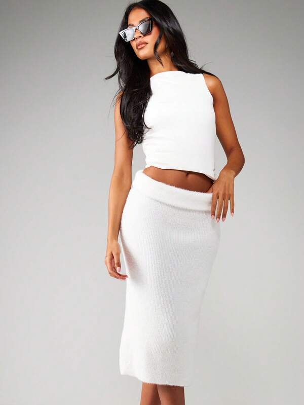 Missguided MISSGUIDED Fuzzy Ribbed Knit Midi Pencil Skirt
