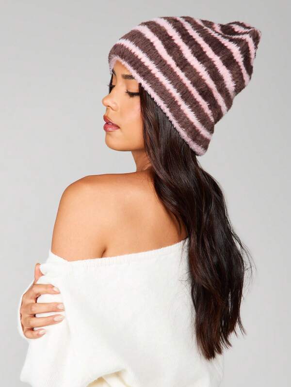 Missguided MISSGUIDED Fuzzy Striped Knit Beanie Hat