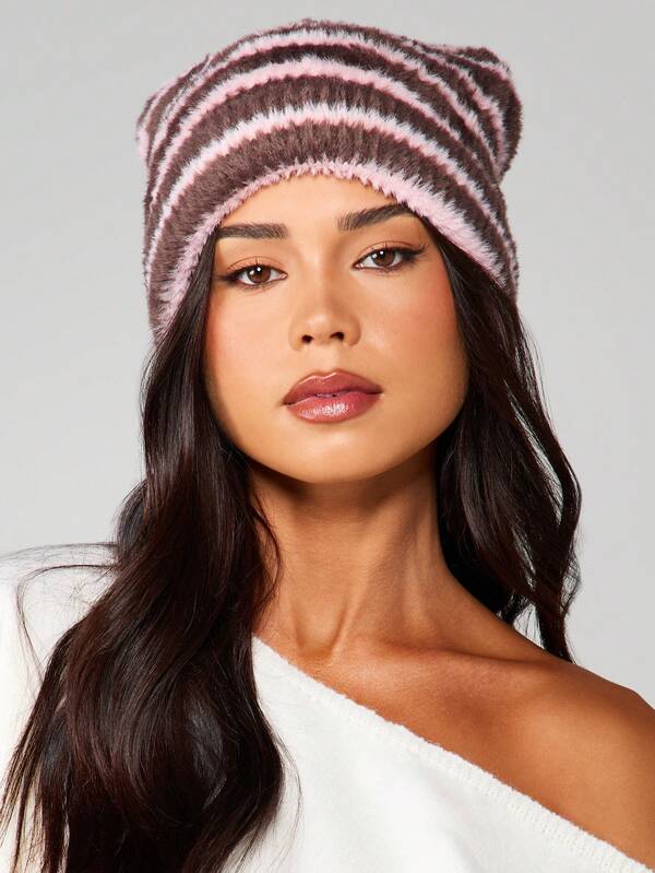 Missguided MISSGUIDED Fuzzy Striped Knit Beanie Hat