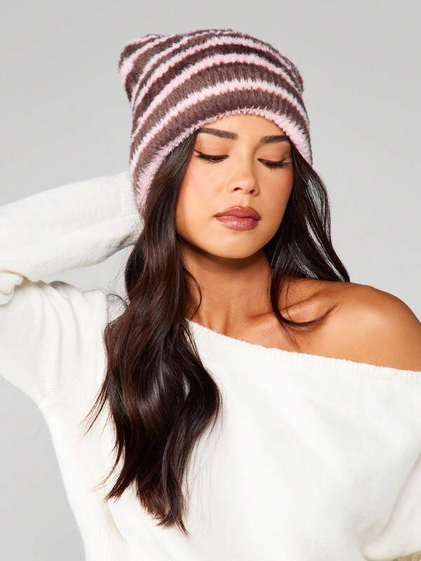Missguided MISSGUIDED Fuzzy Striped Knit Beanie Hat