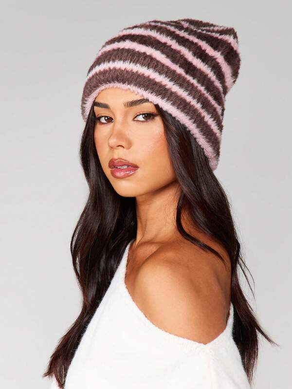 missguided MISSGUIDED Fuzzy Striped Knit Beanie Hat