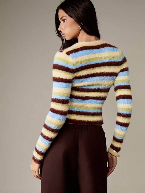 Missguided MISSGUIDED Fuzzy Striped Knit Cardigan With Button Closure
