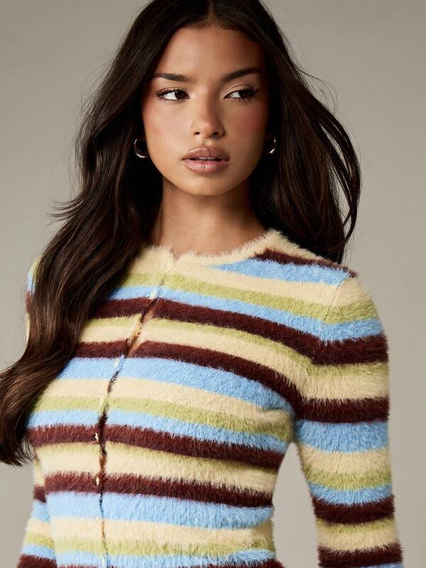 Missguided MISSGUIDED Fuzzy Striped Knit Cardigan With Button Closure