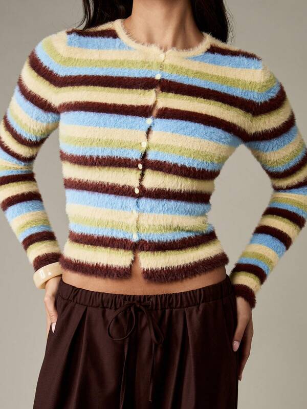 missguided MISSGUIDED Fuzzy Striped Knit Cardigan With Button Closure