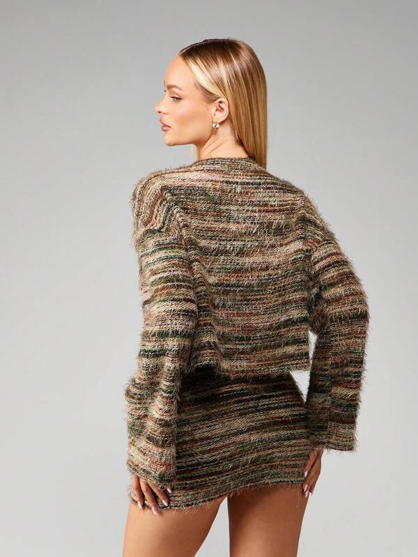 Missguided MISSGUIDED Fuzzy Striped Knit Cardigan With Mini Skirt Set